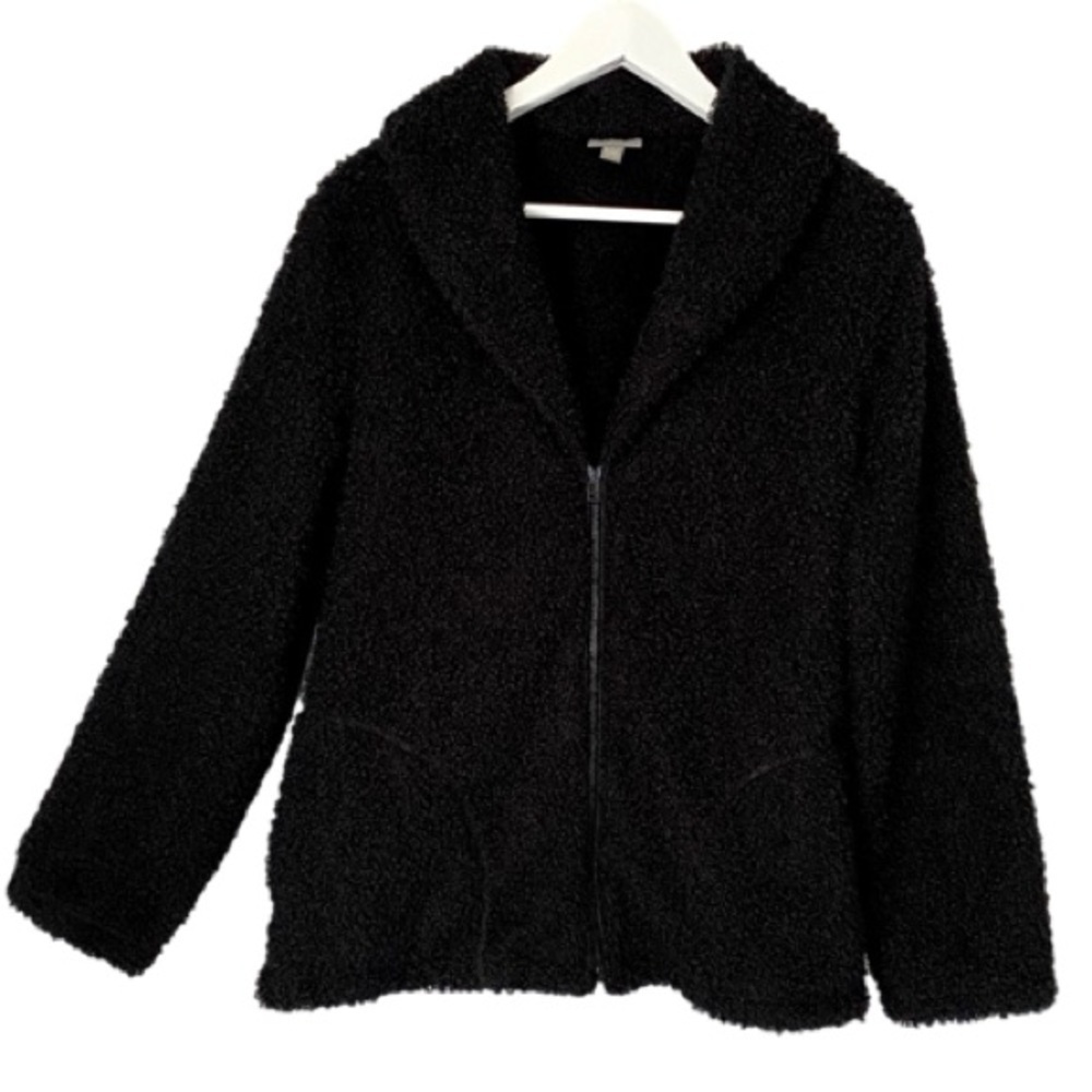 J. JILL Jacket Plush Teddy Fleece Zipper Black Long Sleeve Women's Size…